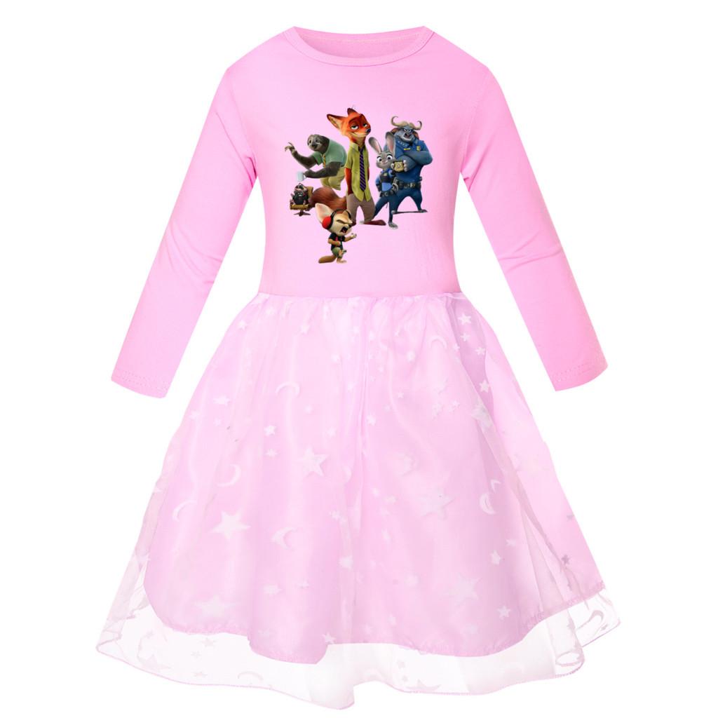 Rochie Casual din Bumbac cu Mâneci Scurte pentru Fete, cu Imprimeu Vulpe Iepure, Plasă Curcubeu, Gât Rotund