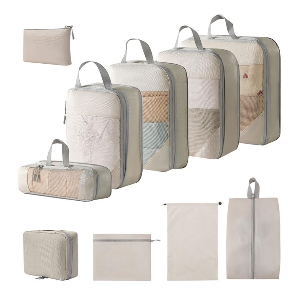 Travel Pouch and Convenient for Including and Toiletries 10-Piece Set Lightweight, Compact, Travel, Clothes, Shoes, Makeup, (Beige)