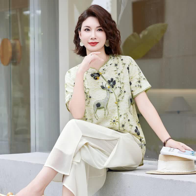TUCANO Women's New Chinese Style Floral Blouse & Pants Set