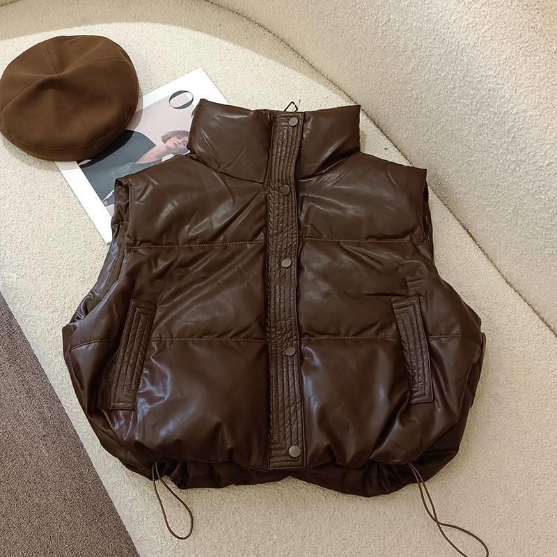 PU Leather No-wash Stand-up Collar Vest for Women Autumn and Winter Style Short Loose Cotton Back