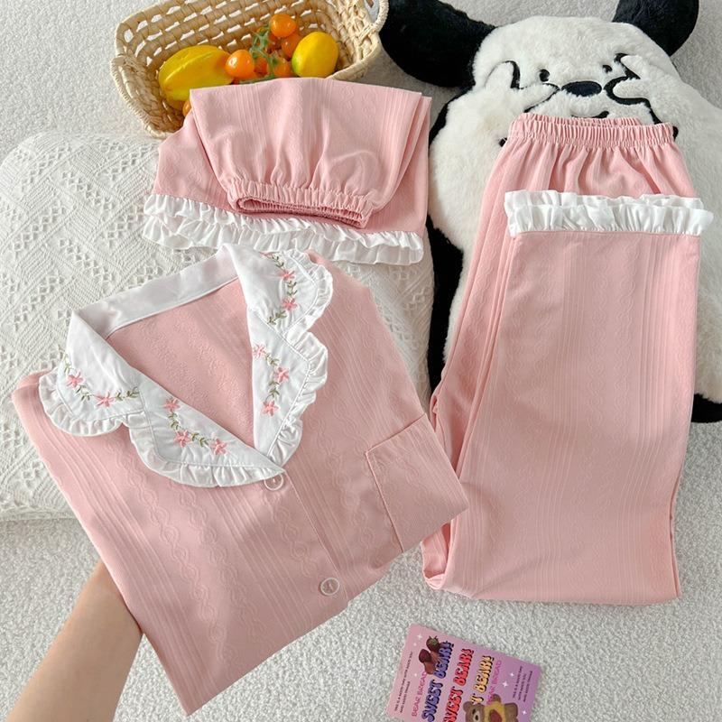 

Молочно-зеленая однотонная пижама женская летняя новинка имитация хлопка кант нишевая домашняя одежда комплект из трех предметов с коротким рукавом 2XL [Recommended 130-72.5 kg]