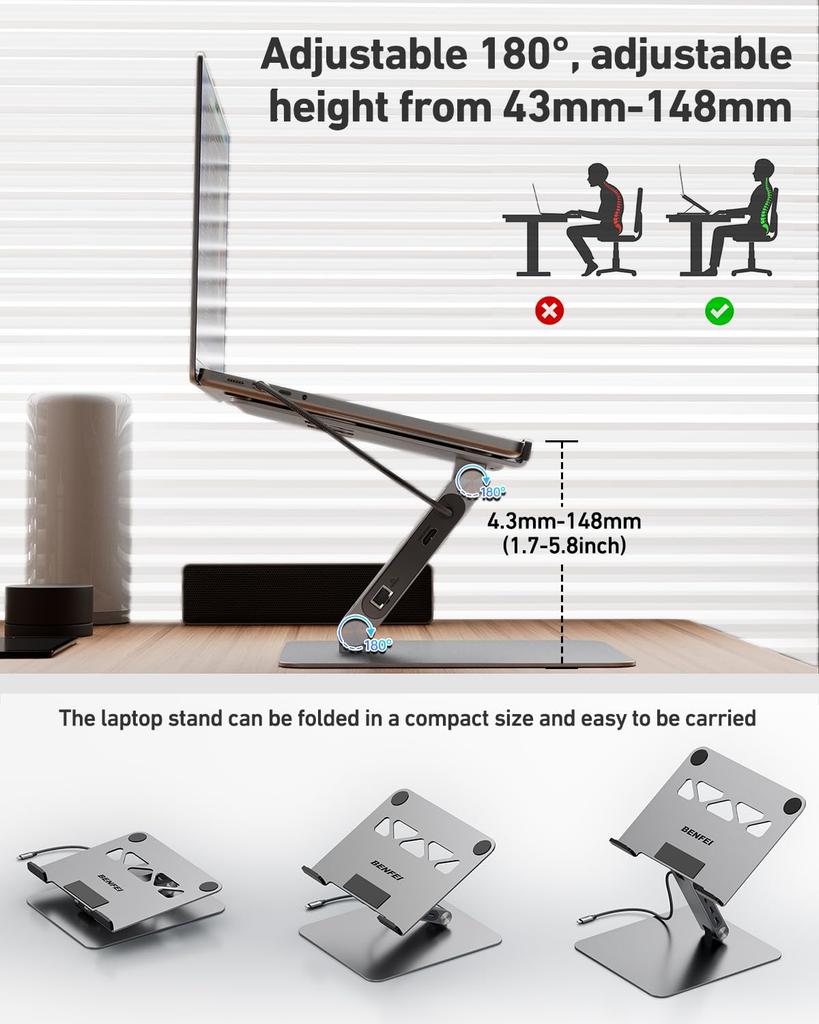BENFEI Laptop Stand USB C 6in1 Docking HDMI Gigabit 100W Power 10Gbps C and A Compatible with MacBook iPad Thinkpad Station, 4K@60Hz, Ethernet,