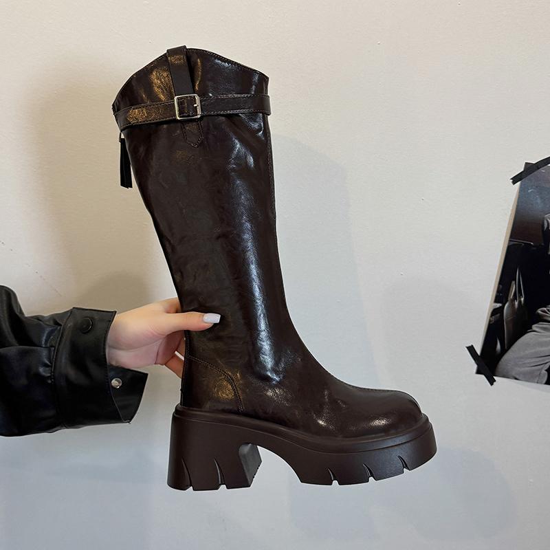 Long Women Boots High Heels Fashion Platform Leather Shoes  Designer Knee High Boots New Pumps Winter Dress Ladies Boots