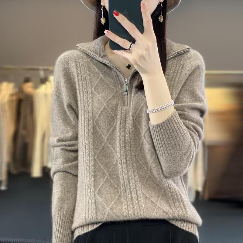 2026 Autumn/Winter Women's Half-Zip Stand Collar Cable Knit Pullover – Cozy, Loose, and Stylish