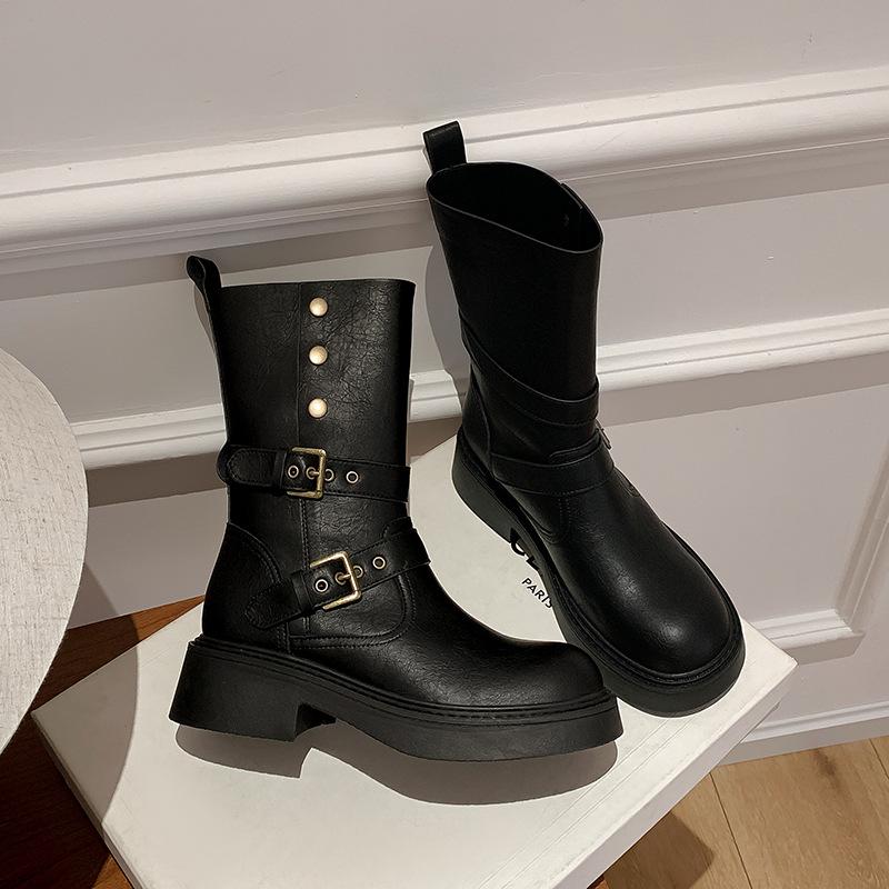 New Spot Two Wear Foldable Thick-soled Martin Boots Autumn and Winter British Style Mid-tube Boots, Thin and Versatile Female Knight