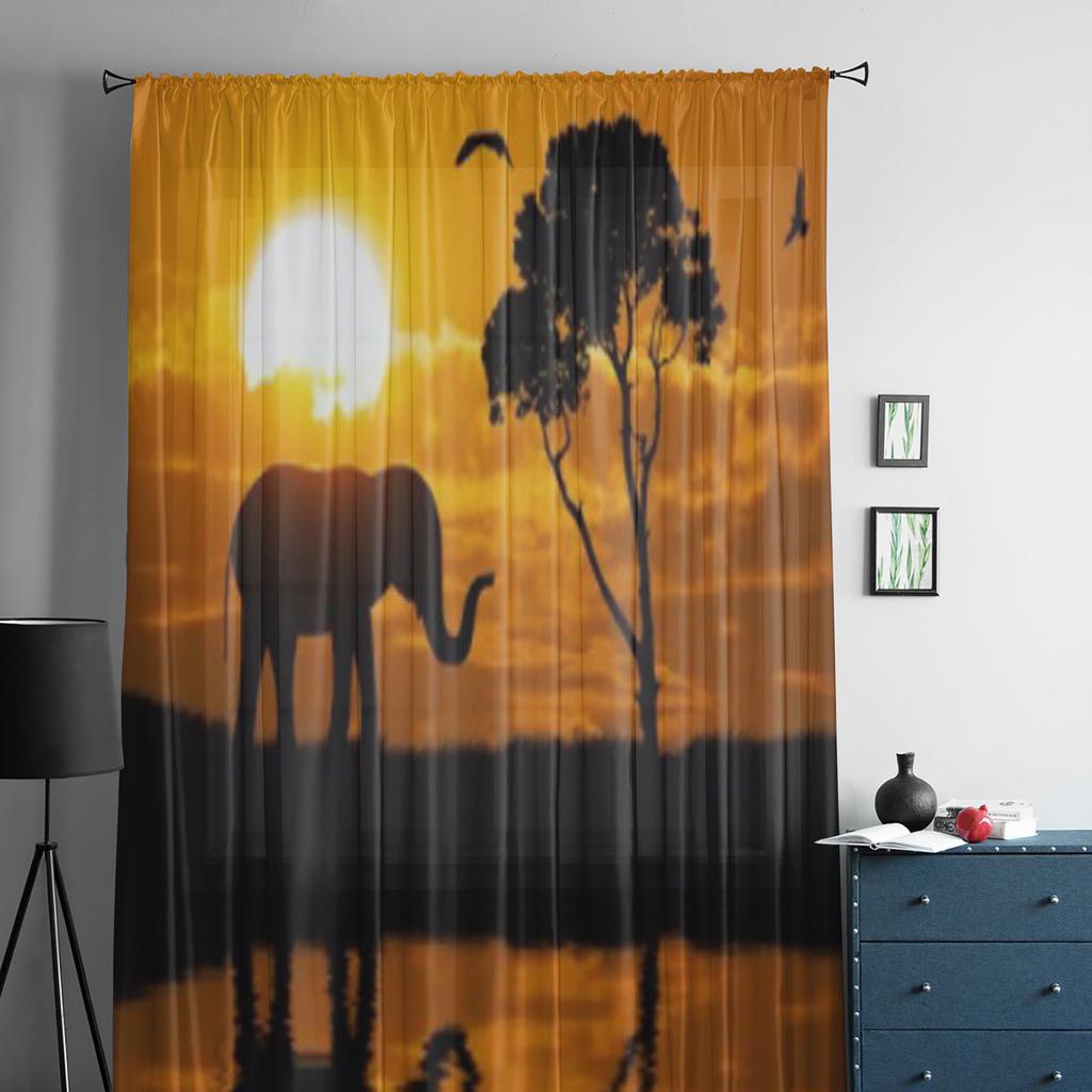 Silhouette Of Elephant Luxurious Chiffon Sheer Curtains for Living Room Bedroom Decoration Window Voiles Tulle Curtain