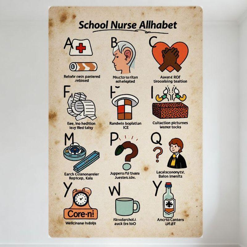 Винтажная металлическая табличка  Школьная медсестра Алфавит  Алфавитная жестяная табличка Образовательная Мультяшная иллюстрация на тему медсестры Ретро Сепия Эстетика Металлическая Плака 20x30cm（7.8x11.8inch）