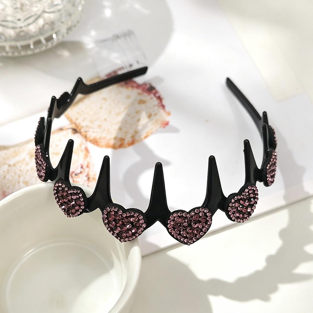 Korean Sparkly Rhinestone Flower Wavy Black Headband with Non-slip Teeth for Women