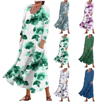 Women's Fashion Casual Print Round Neck 3/4 Sleeve Loose Pocket Dress