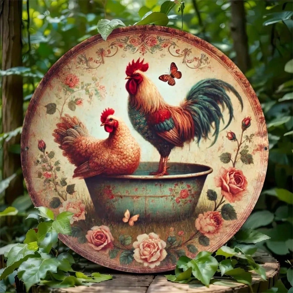 Rooster Iron Wall Art Rustic Farmhouse Decor Kitchen Bathroom Country Round Metal Sign 20x20