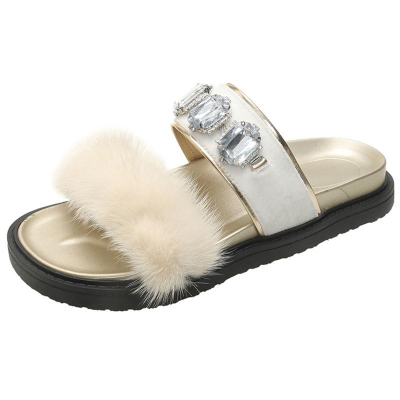 Cool Slippers Women's Summer New Soft Leather Fashion Square Diamond Outside Wear Flat Beach Word with Mink Hair Shoes