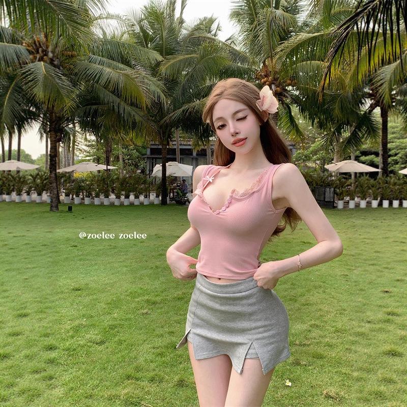 Lace Splicing Slim Sling Vest Summer Wear Short Spice Girl Shoulder Neck Top