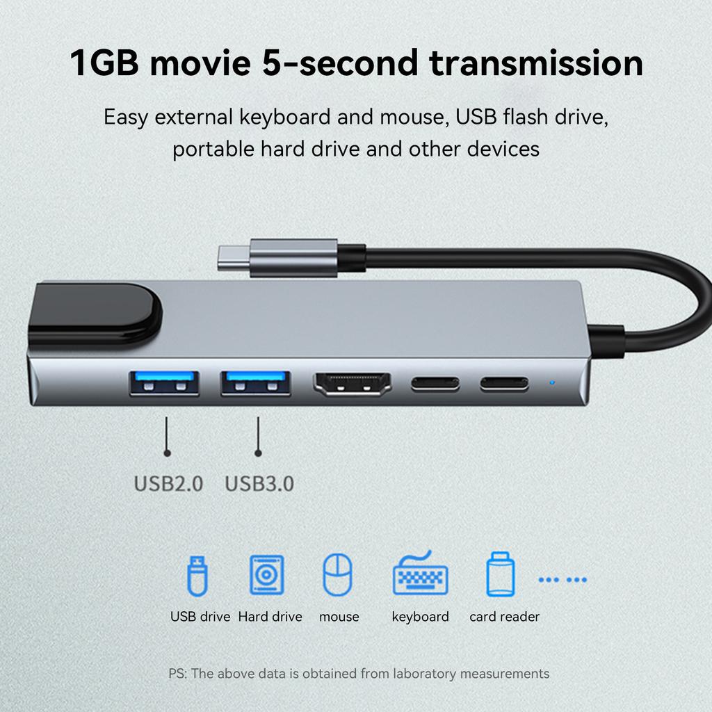 6 In 1 TYPE-C To HDMI+USB3.0+2.0+RJ45 100M+PD+Data Interface Hub Adapter Dock