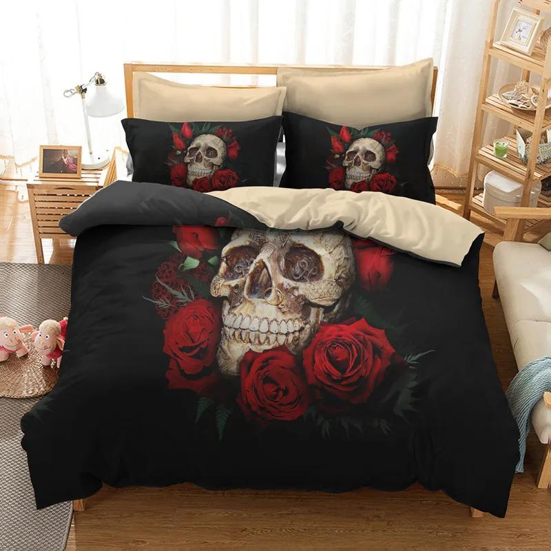 Σετ Κρεβατοκάμαρας Sugar Skull King Beauty Kiss Skull Πάπλωμα Σετ Κρεβατιού Μποέμ Πρίιτ Μαύρα Κλινοσκεπάσματα Queen Size Κρεβατοστρωσιά