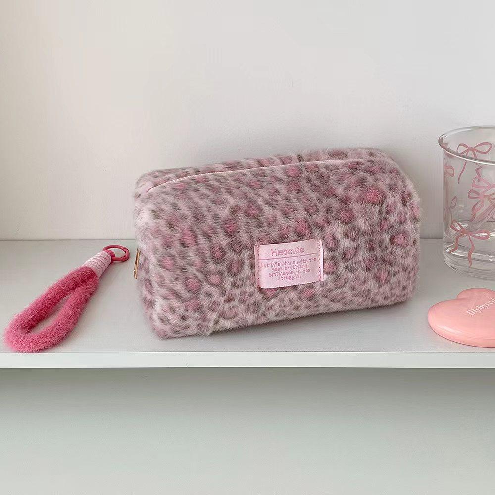 Plush Pink Color Leopard Print Schoolgirl Makeup Bag Large Cosmetic Tote Bag for Women Cute Portable Travel Hand Carry Organizer