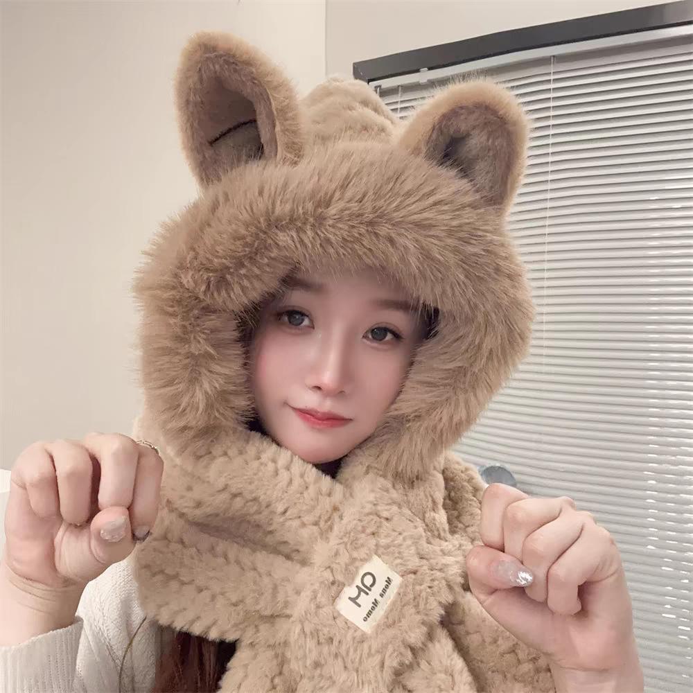 

Комплект из 2-х шапок и шарфов для женщин с меховыми ушками лисы, шапка-бини, зимняя плюшевая толстая цельная шапка для отдыха на открытом воздухе, ветрозащитная теплая лыжная шапка one size хаки