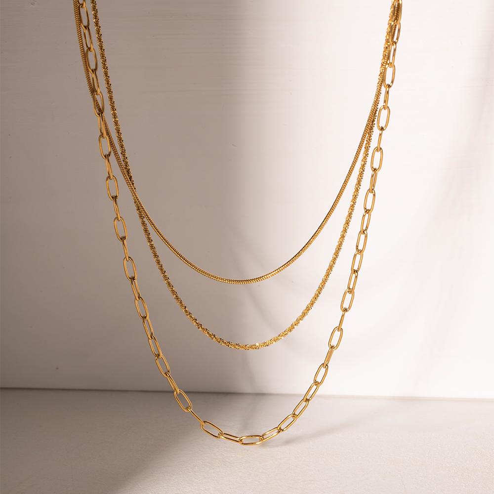  New Trendy 18K Gold Plated Stainless Steel Jewelry Waterproof Three Layer Stacking Necklace Collares Para Mujer
