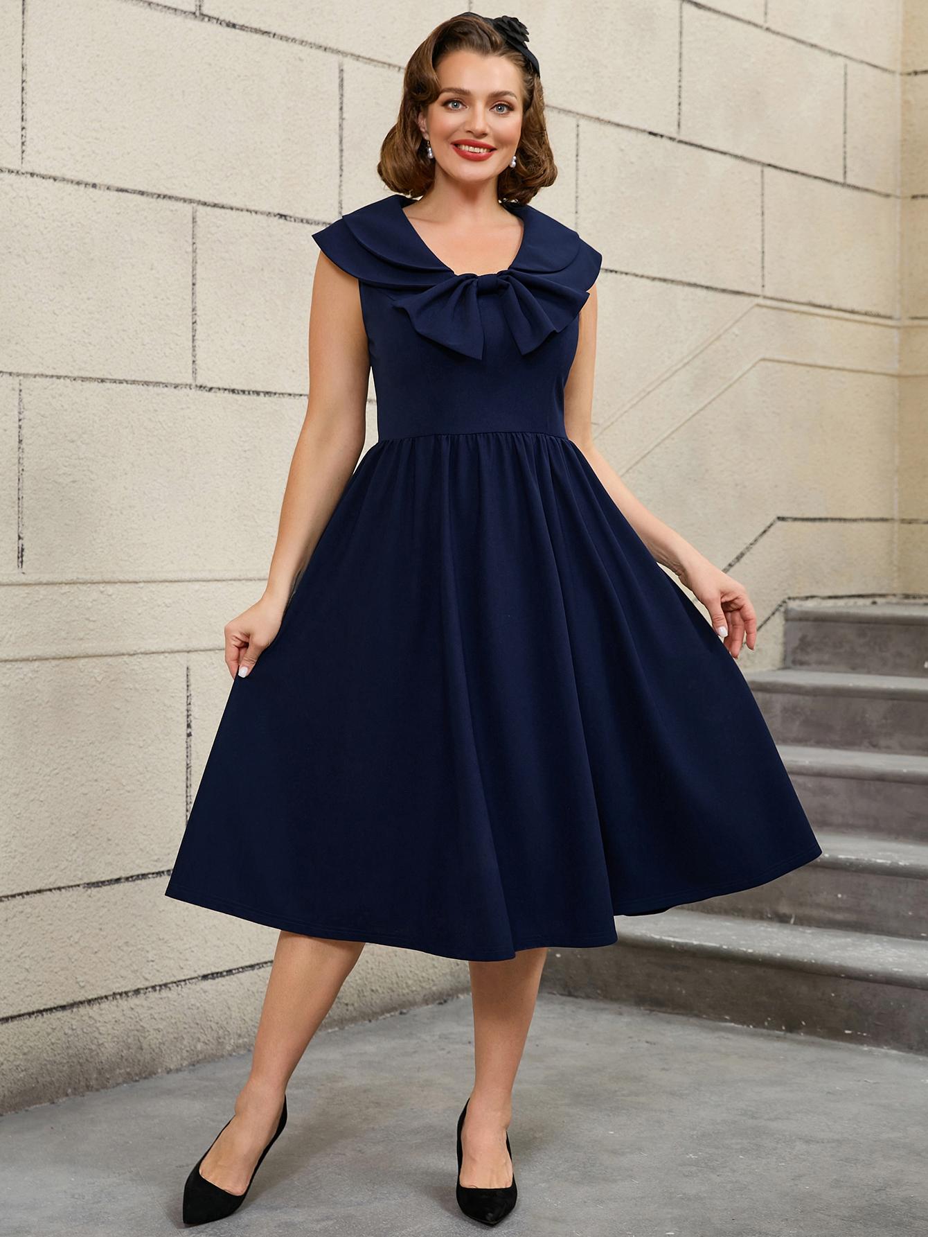 

Платье А-силуэта без рукавов с украшением в виде банта, больших размеров, элегантного струящегося дизайна, платье для вечеринки в саду для женщин, летний повседневный наряд 1XL тёмно-синий