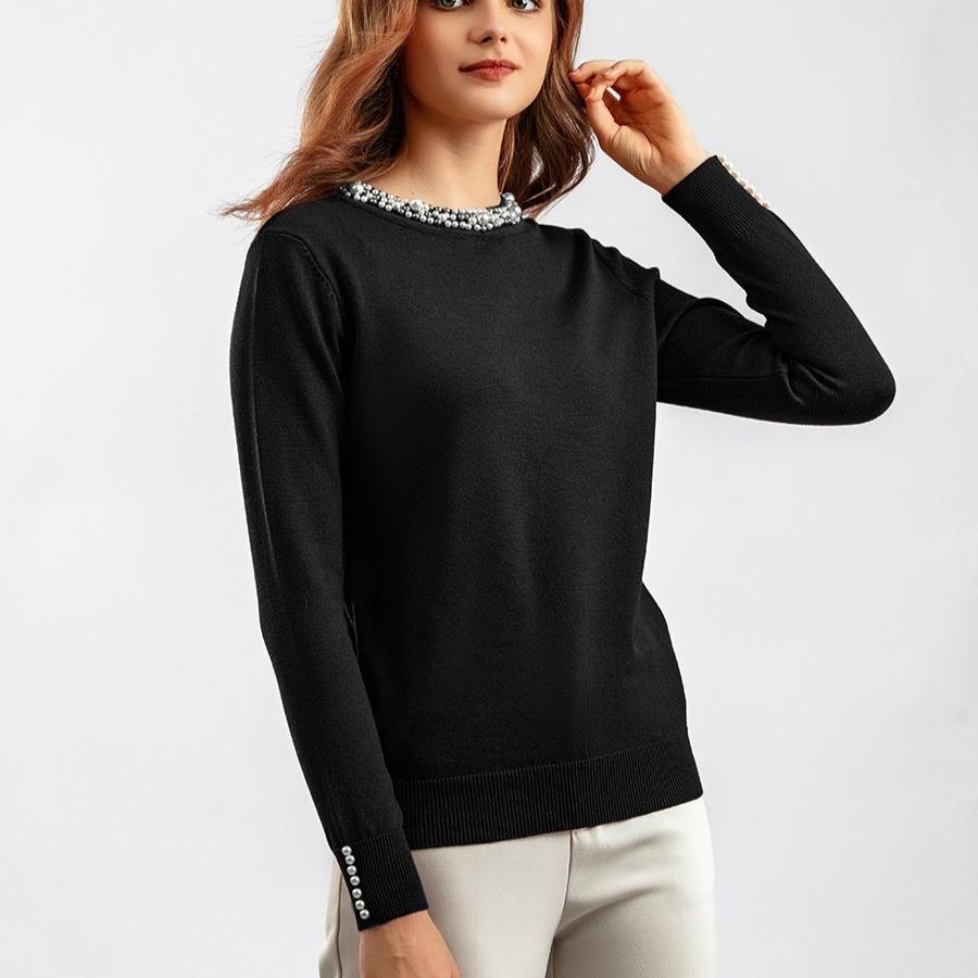 Autumn Winter Women's Crew Neck Beaded Pullover Sweater Long Sleeve Loose Solid Color Stretchy Knit Sweater