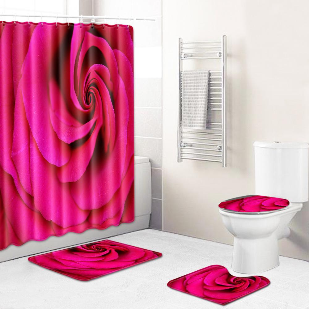 Painted Flowers Bathroom Shower Curtain Floor Mat Toilet Cover Foot Mat Four-Piece Pattern Size Fixed Zhi