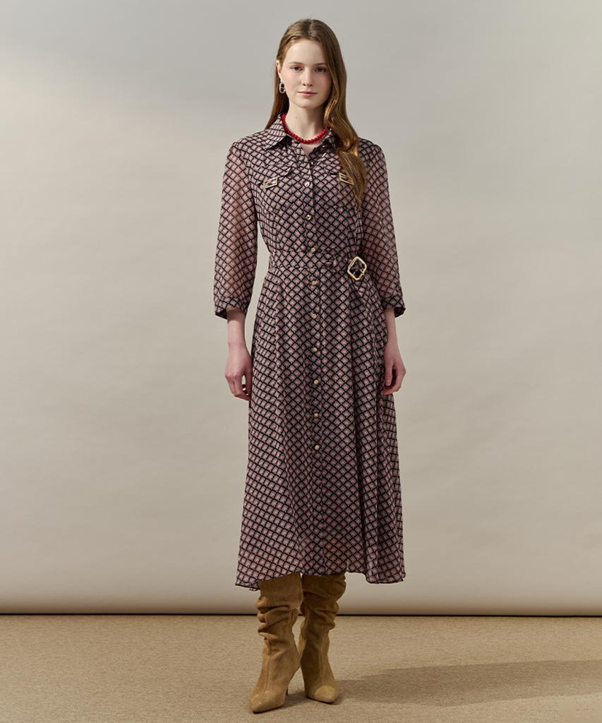 Maja Geometric Chiffon Belted Shirt Dress