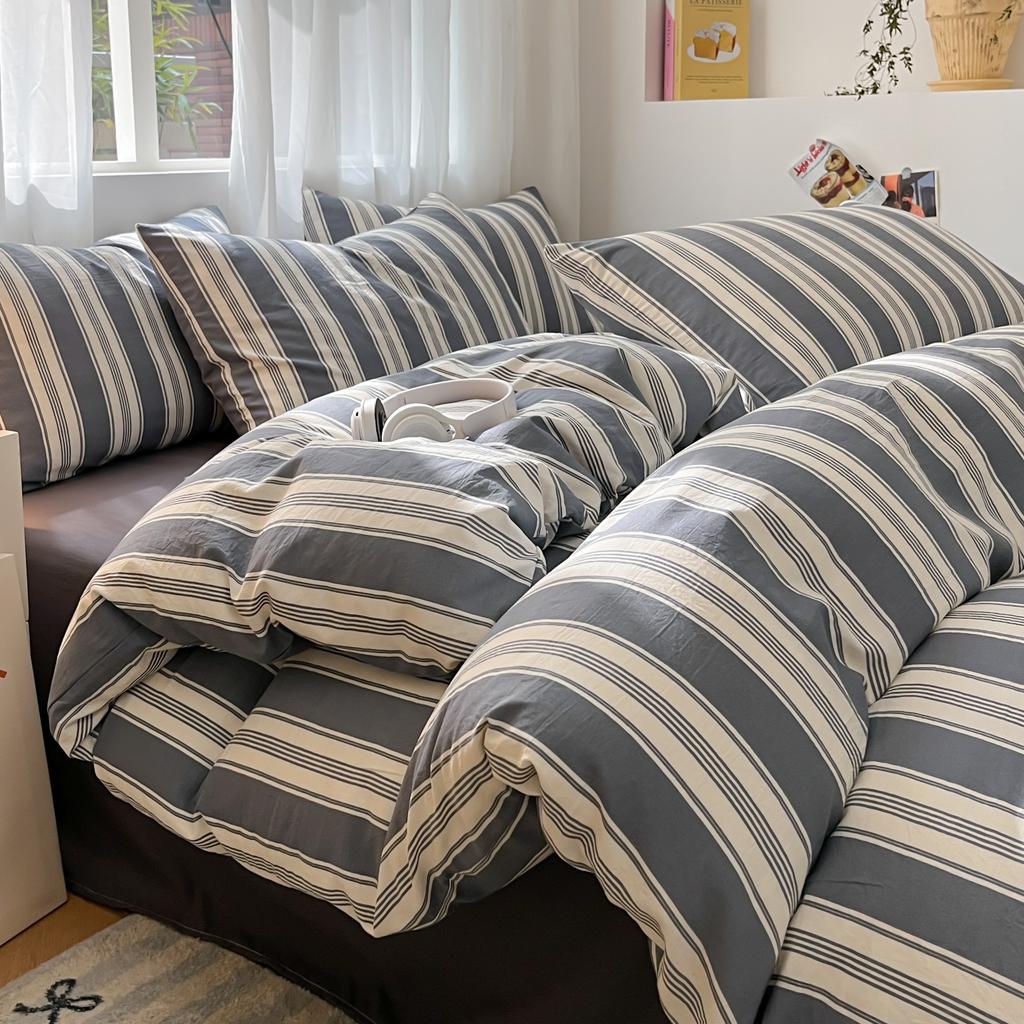 3/4 Pcs Blue Checkered Bedding Set Simple Style Soft Skin Friendly Duvet Cover Flat Sheet and Pillowcases Single Double Bed Sets