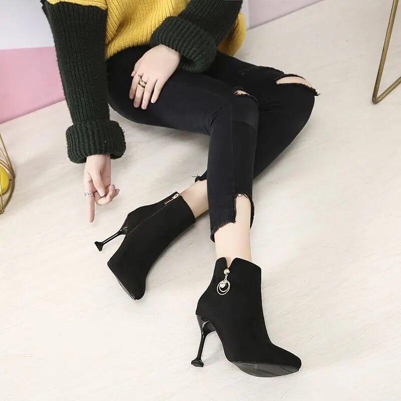 Black Pointed Toe Rhinestone Woman Short Shoes Autumn Winter Fleece-Lined Heeled Ankle Boots for Women New In Trend 2025 Booties