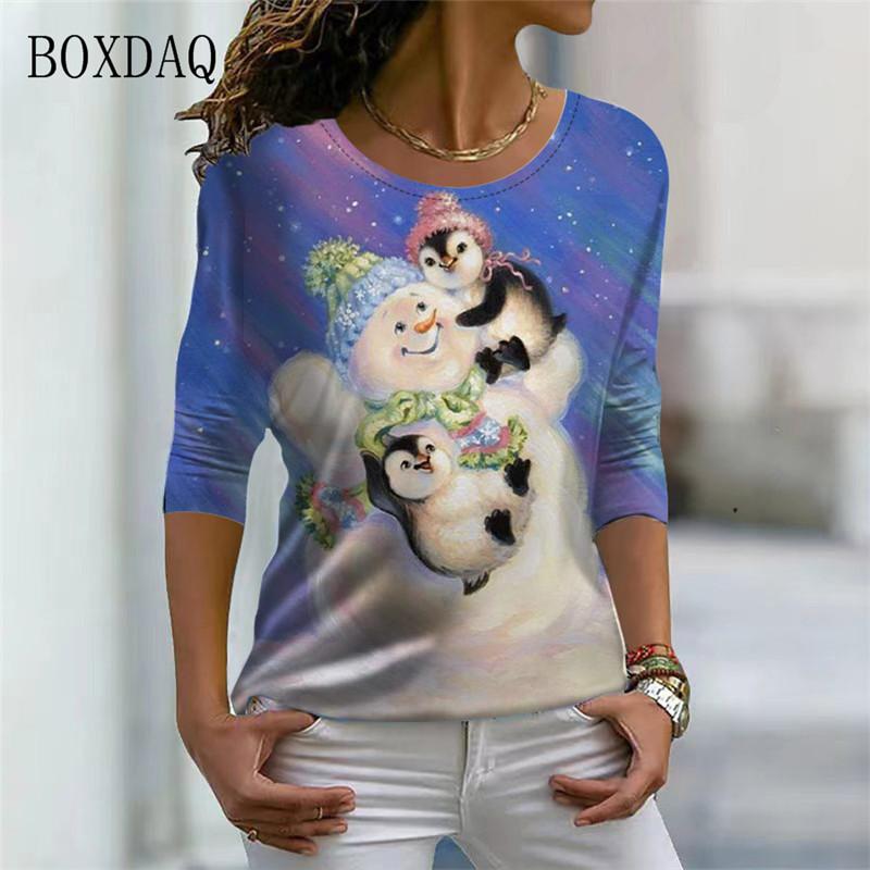 Santa Claus And Snowman Pattern Women Streetwear T-shirts Autumn Winter Long Sleeve 3d Print Christmas Style Ladies Casual Tops