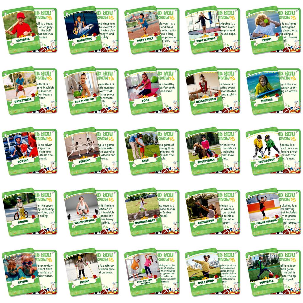 45 Realistische Sportkarten, Einführung in verschiedene Sportarten, Baby-Erleuchtung, Eltern-Kind-Interaktion Bildungskarte