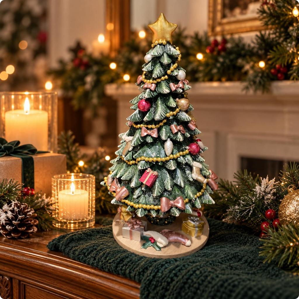 Holiday Ornament Festive Carved Conifer Tree Music Box with Decorative Base for Shelf Decoration,