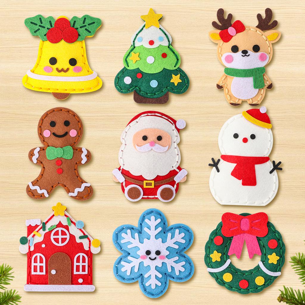 9-teiliges DIY Weihnachts-Nähmaterialpaket für Anfänger; einfach zu machende Weihnachtsbaumornamente, darunter Lebkuchenmann, Rentier
