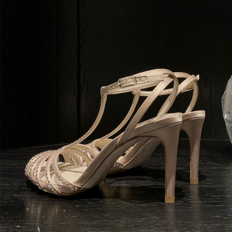 

Fashion Star style Luxury Rhinestones Narrow band Women Gladiator Sandals Sexy Peep toe Ankle Strap Thin High heels Summer Party Shoes 40