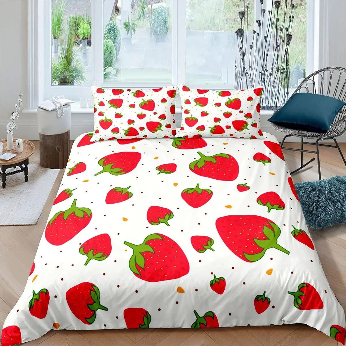 

Полуничний набір підодіяльників для дівчинки King Size Комплект постільної білизни з червоною полуницею Підодіяльник з їжею та фруктами для подарунків для дітей 135x200cm 2pcs