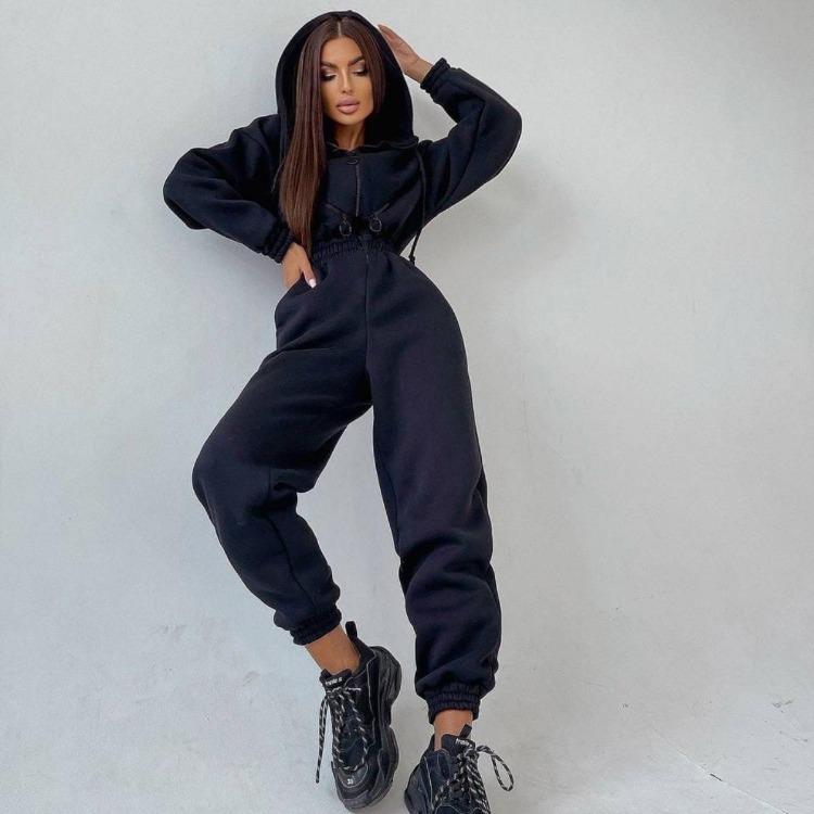 Women Autumn Winter Solid Color Hooded Bodysuit Top with Wide Leg Pants Loose Long Sleeve O Neck Hoodies Suit