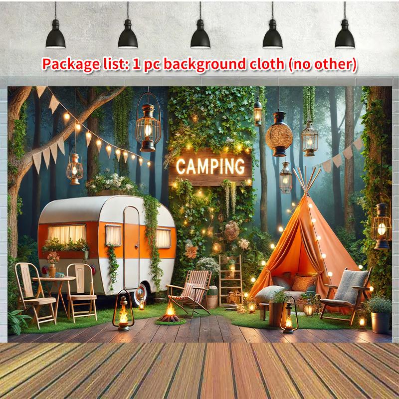 Camping Forest Scene Background Banner, Multi-purpose Photo Background, with Wall Hanging Signs, Suitable for Weddings