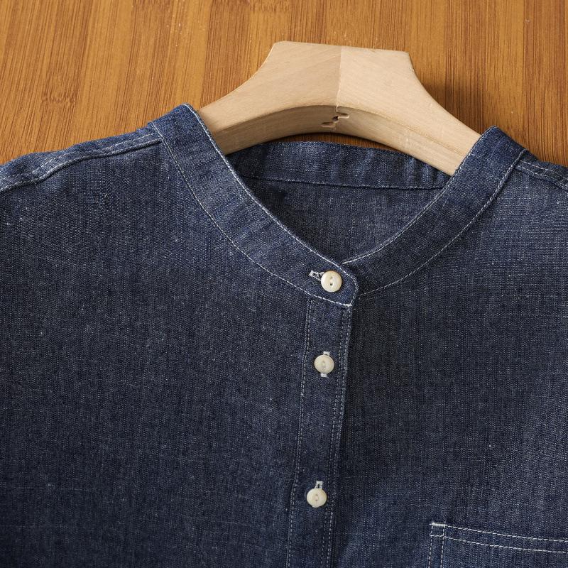 2025 Damen Retro Blau Denim Ärmelloses Sommerhemd