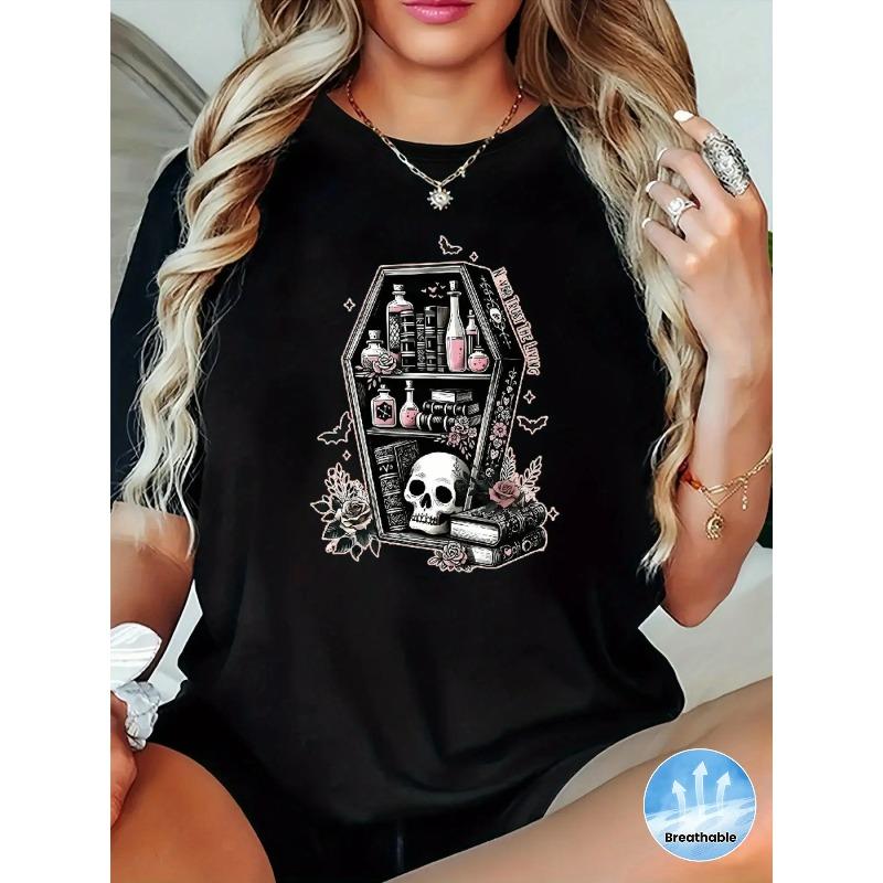 

Women Black Round Neck Short Sleeve Top Featuring A Coffin Pattern, A Skull and Rose Makeup Design, Perfect for Casual Wear in Spring and Summer 4XL чорний