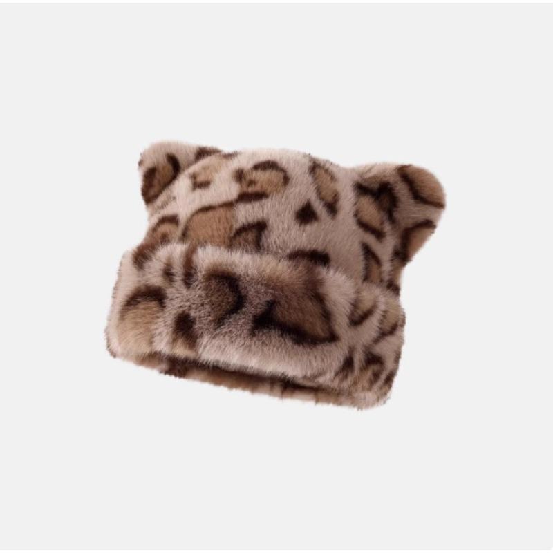 Chapeau bonnet en peluche imprimé léopard pour femmes, doux et mignon, épais et chaud, rétro et polyvalent, avec capuche. gray