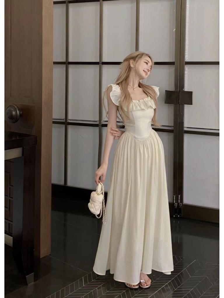 Lined Flutter Sleeve Ruffle Dress - Square Neck, Fitted Waist, Long French Style for Women, Perfect for Summer Elegance