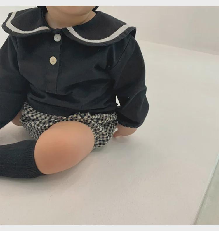 2024 Autumn Korean Navy Plaid Top & Shorts Set for Boys and Girls