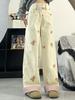 2025 Spring Little Bear Embroidered Pink Plaid Straight-Leg Jeans for Women - Slimming, Loose Fit