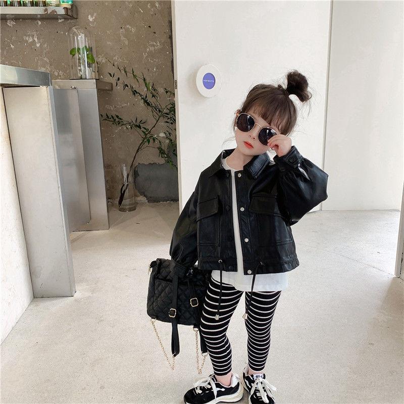 

Кожаное пальто для девочек, весенне-осенняя повседневная свободная регулируемая детская куртка из искусственной кожи с отложным воротником 120 чёрный