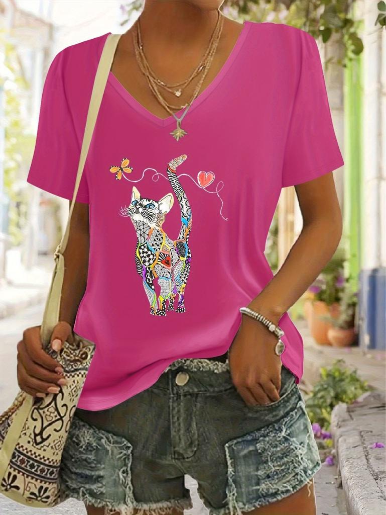 2026 New Summer Women's Fashion T-Shirt Short Sleeve 3D Cat Print Top Tees V-Neck Casual Woman Graphics Clothes Women's Clothing