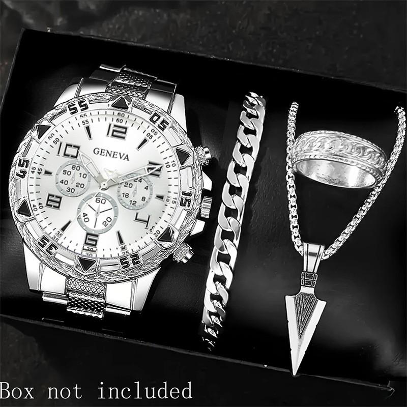 

Men s watch trendy fake three-eye calendar watch 4 pieces/set Men s black minimalist quartz watch set