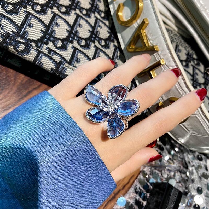 Luxus Kristall Blume Großer Offener Ring für Damen Trendiger Modischer Party Sommerurlaub Statement Schmuck