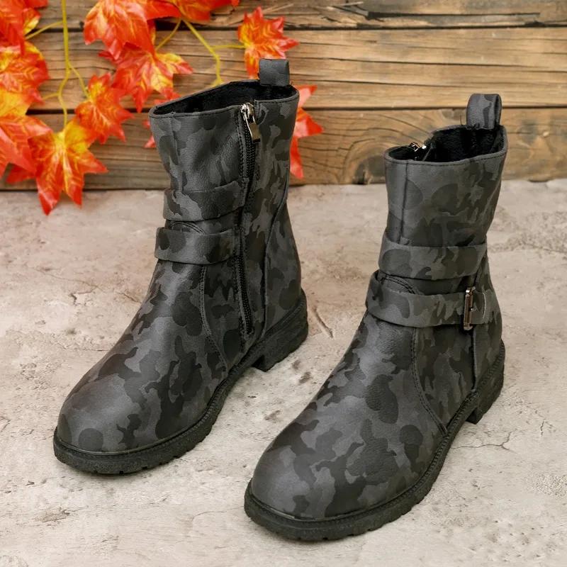 

Fashion Female Shoes on Sale 2024 New Side Zip Women s Boots Winter Round Toe Camouflage Warm Short Barrel Low Heels Plus Size Boots 36 сірий колір