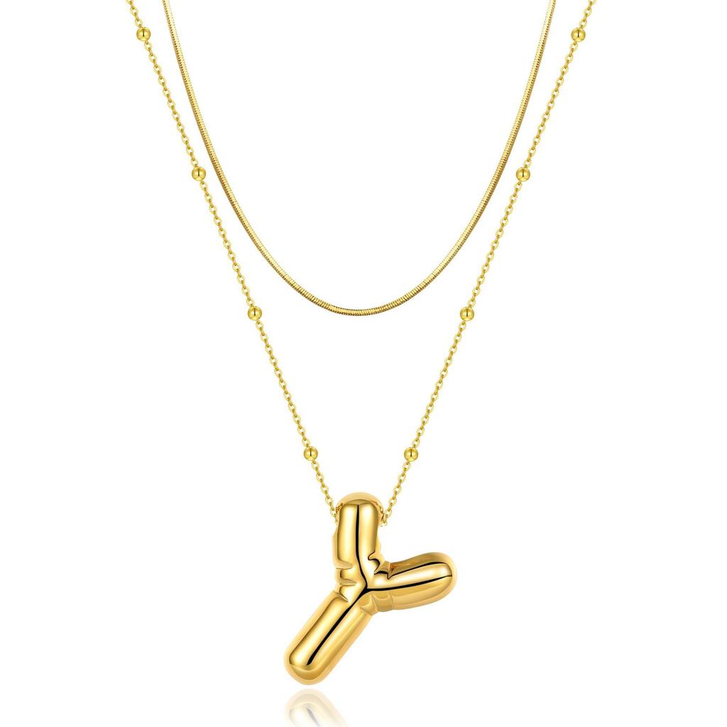 14K Double Round Snake Bone Chain Bead Chain Biscuit Balloon Letter Neck Chain Bubble Letter Foam Letter Necklace