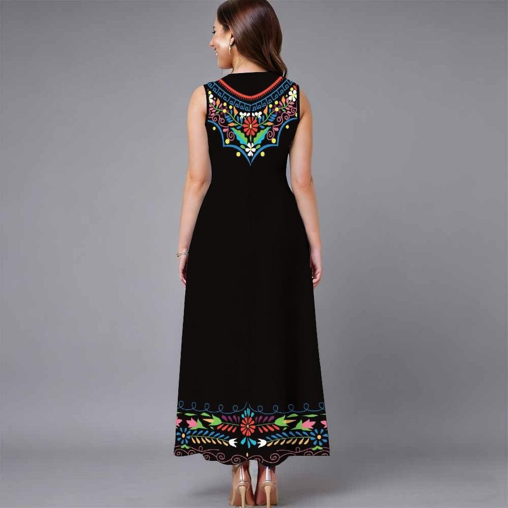 Oversized Ladies Sleeveless Round Neck Dress Soft Mixed Floral Printed Flowy Midi Gown