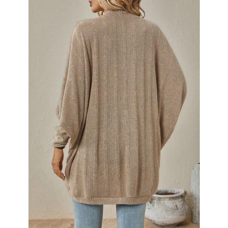 Women Open Front Ribbed Knit Cardigan Solid Blue Loose Batwing Long Sleeve Casual Outerwear Coat