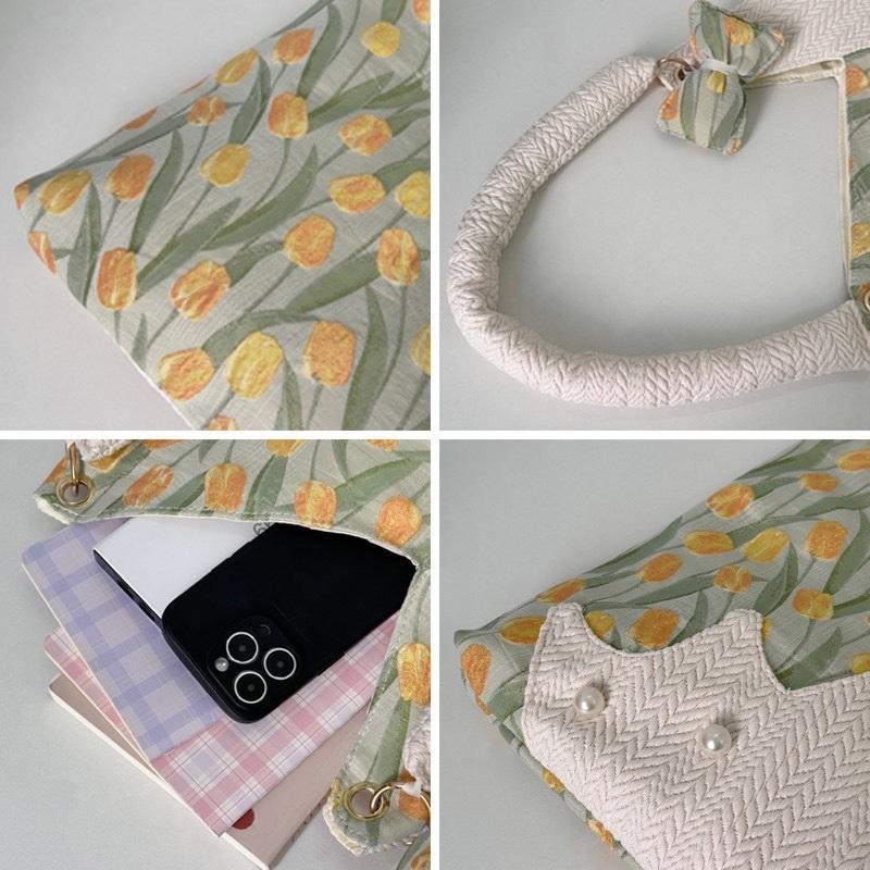 Large Space Cute Tulip Cat Pattern Underarm Shoulder Bag Unique Niche Fresh Aesthetic Women Daily Single Tote Purse